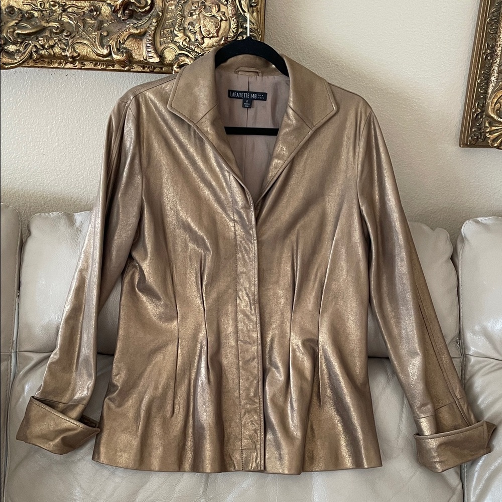 Mint Lafayette 148 New York Shimmering Gold Glove Leather Blazer Fitted Jacket 6